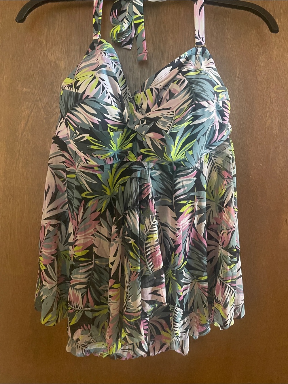 Kona Sol Black Halter Camisole with Green & Pink Tropical Leaves